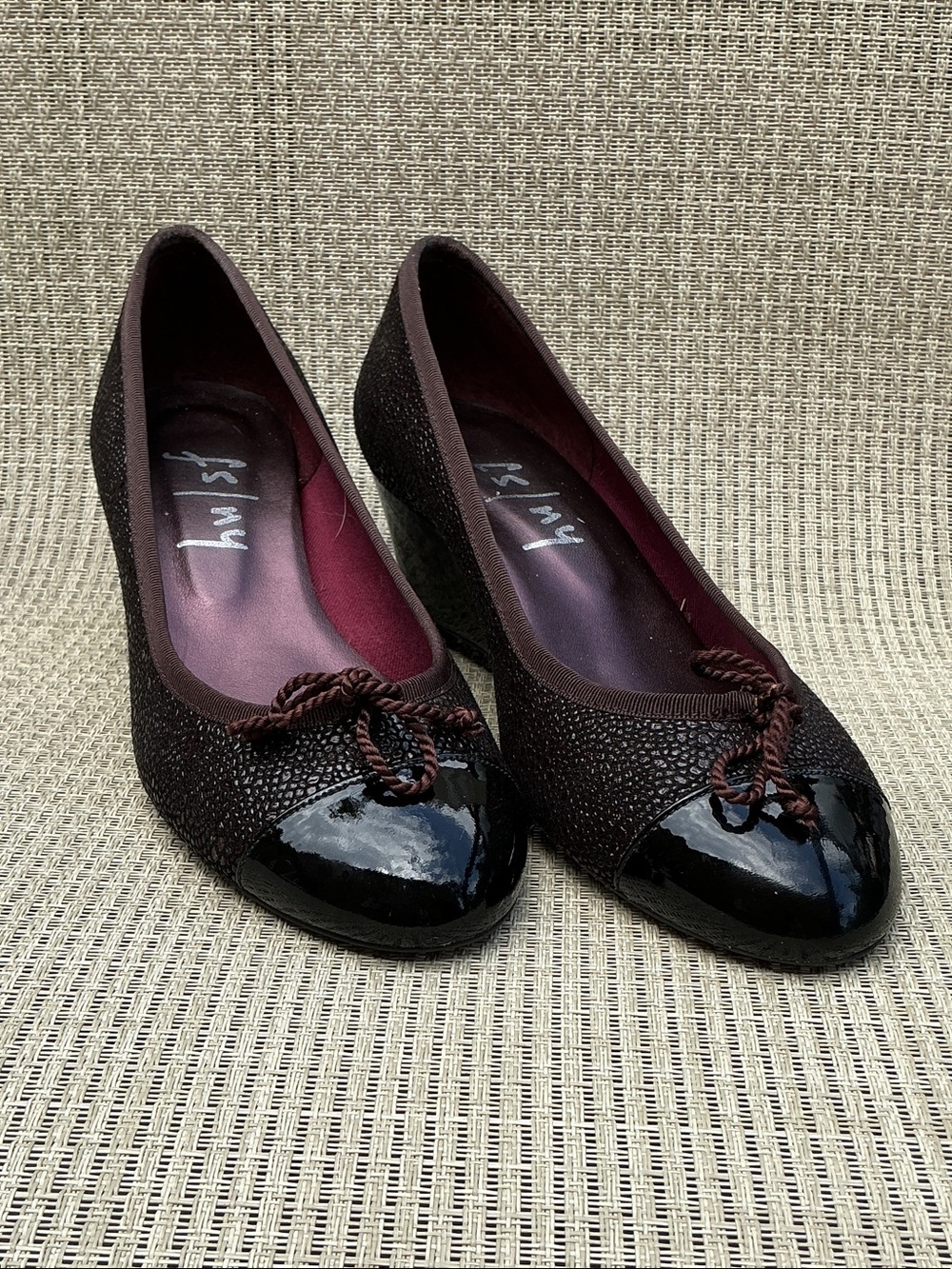 French Sole Brown Textured Wedges with Black Patent Leather Cap Toes